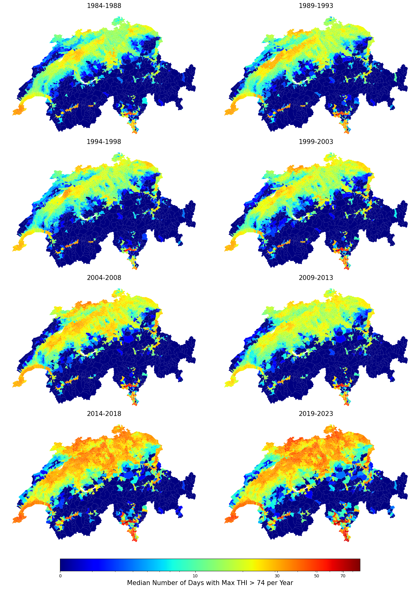 Figure 1.2: The median number of days when the maximum THI surpasses the threshold 74 substantially increases for some regions in the period \(t_1\) from 1984 to 2023. A THI of 74 stands for moderate heat stress. The coloring scheme is logarithmic because some towns in the canton Ticino (southermost part) exceed the median compared to the rest of Switzerland considerably. Moreover, dairy farming is more widespread in the northern parts of Switzerland.